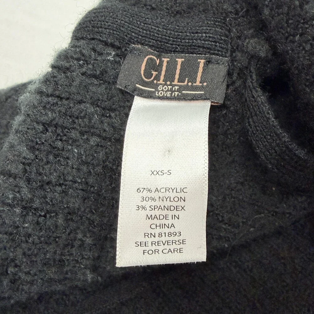 GILI Sweater Womens XXS-S Black Gray Cowl Neck Fringe Tunic Poncho Top Knit